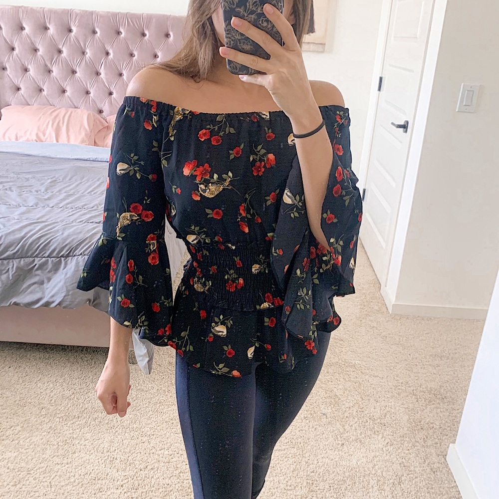 Timing Black Floral Print Smocked Waist Off Shoulder Ruffle Sleeve Peplum Top